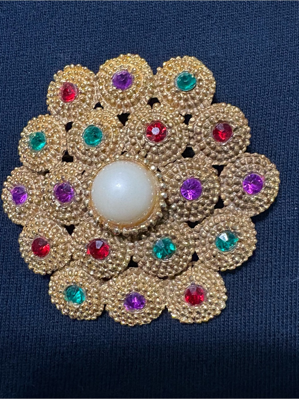 Vintage Gold Tone Brooch Multicolor Rhinestone Faux Pearl Floral 2.5” Unsigned